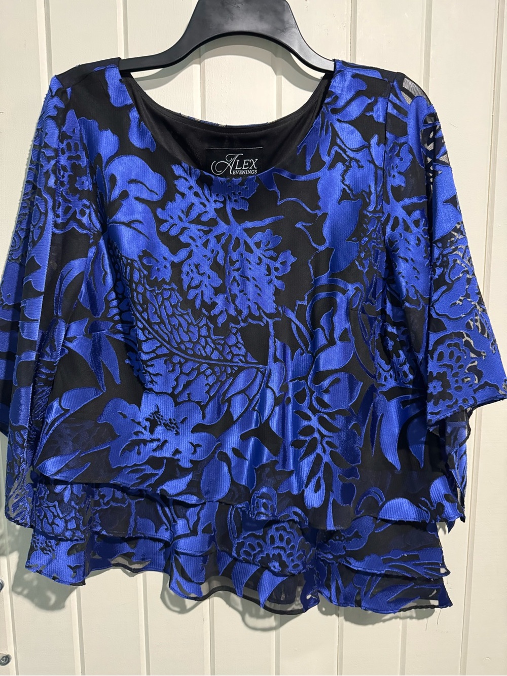 Alex Evenings Black Top with Bold Royal Blue Floral Overlay